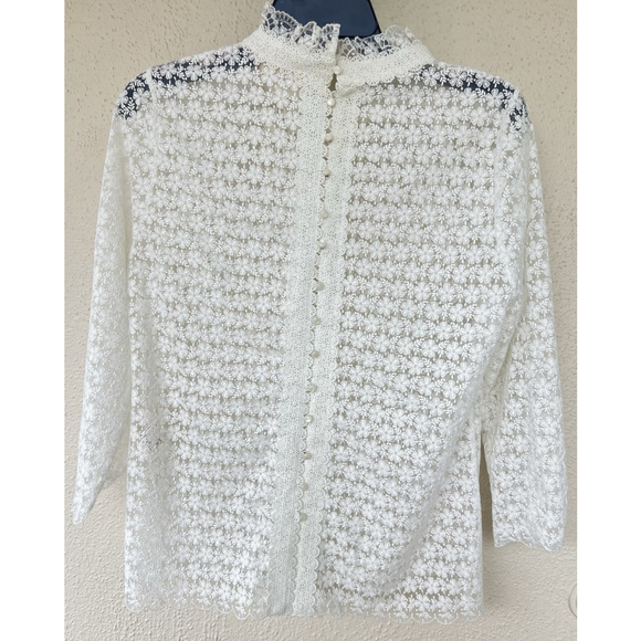 Sezane Amal Lace Sheer Mock Neck Blouse Size 38 Ecru Elegant Feminine Romantic - Picture 9 of 12
